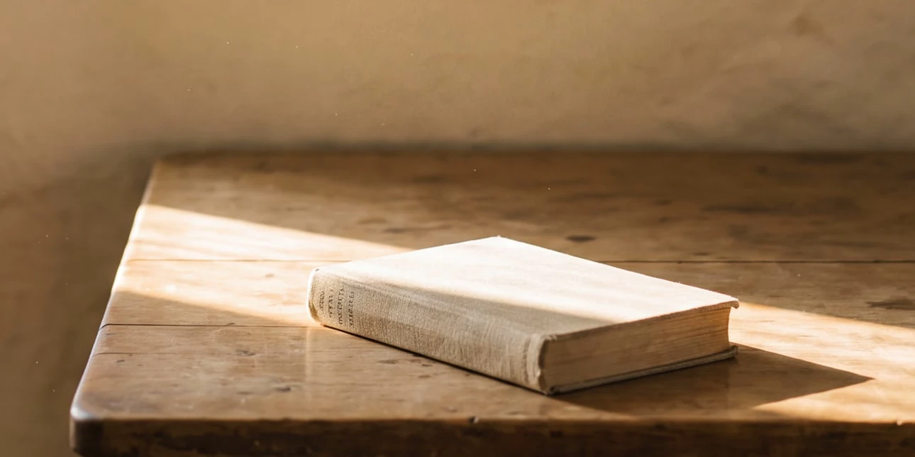 A closed book on a wooden table in warm window light.